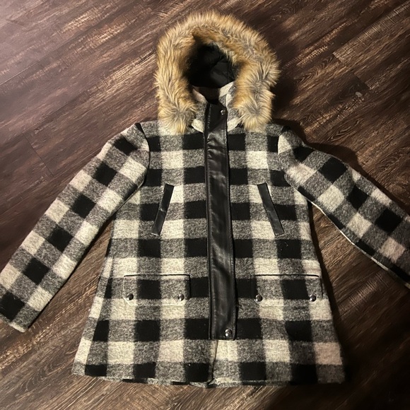 Joie Black and White Checkered Puffer Jacket with Faux Fur Hood - Picture 3 of 4